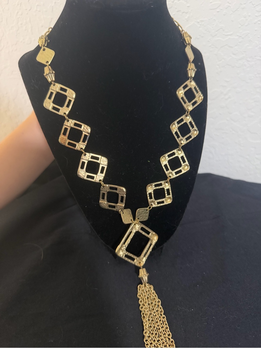 Chico's Gold Geometric Link Necklace with Tassel